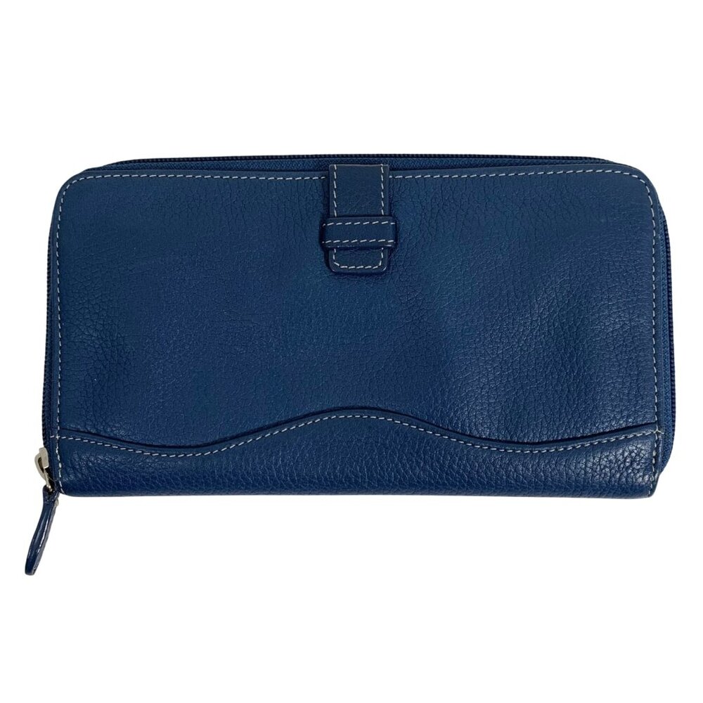 Tignanello Womens Blue Leather Zip Around Wallet Clutch Card Slots Key Ring